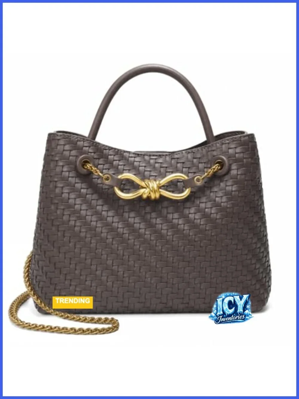 Woven Faux Leather Top Handle Purse with Adjustable Chain Strap